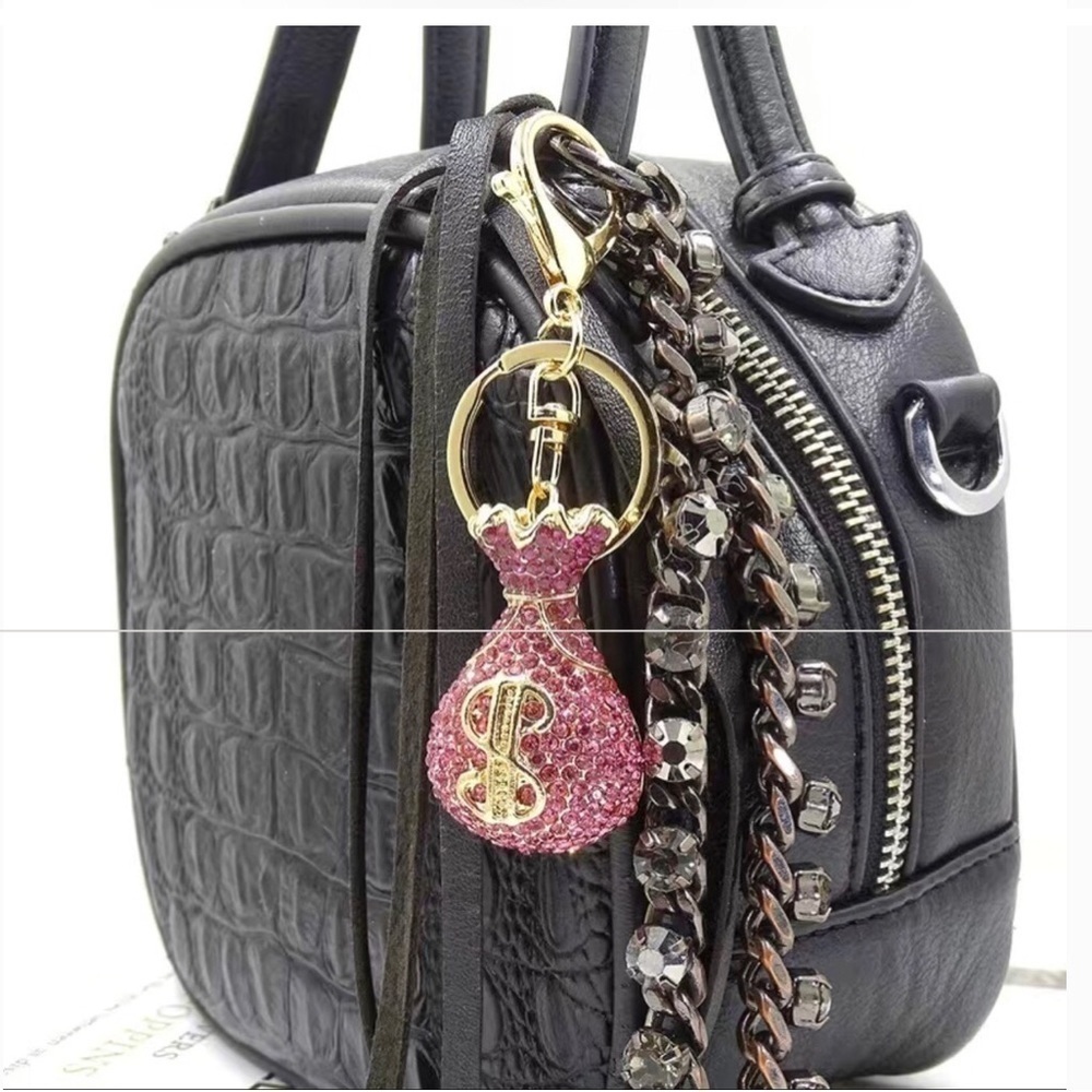 Pink Rhinestone + Gold Money Bag Bling Keychain, Purse Charm - Picture 15 of 17